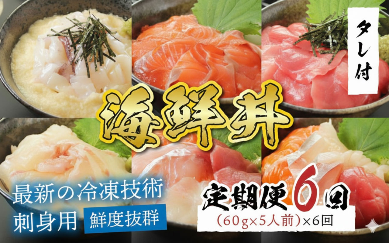 【定期便】【6ヶ月連続お届け】 【刺身用】おまかせ海鮮丼の具 60g（タレ付）× 5人前 × 6回【最新の冷凍技術】