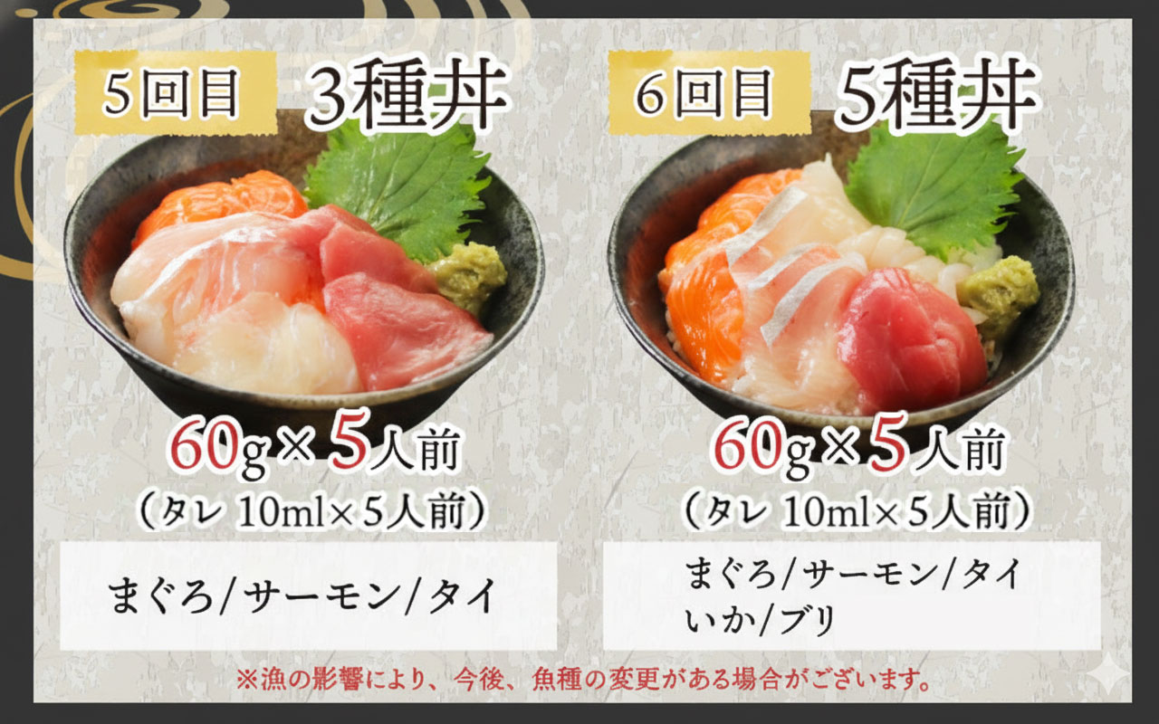【定期便】【6ヶ月連続お届け】 【刺身用】おまかせ海鮮丼の具 60g（タレ付）× 5人前 × 6回【最新の冷凍技術】