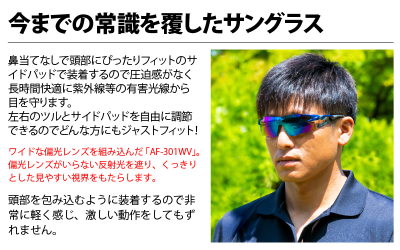 鼻パッドのないサングラス「エアフライ」偏光レンズ カーボン スポーツサングラス ワイドビュータイプ AF-301WVモデル