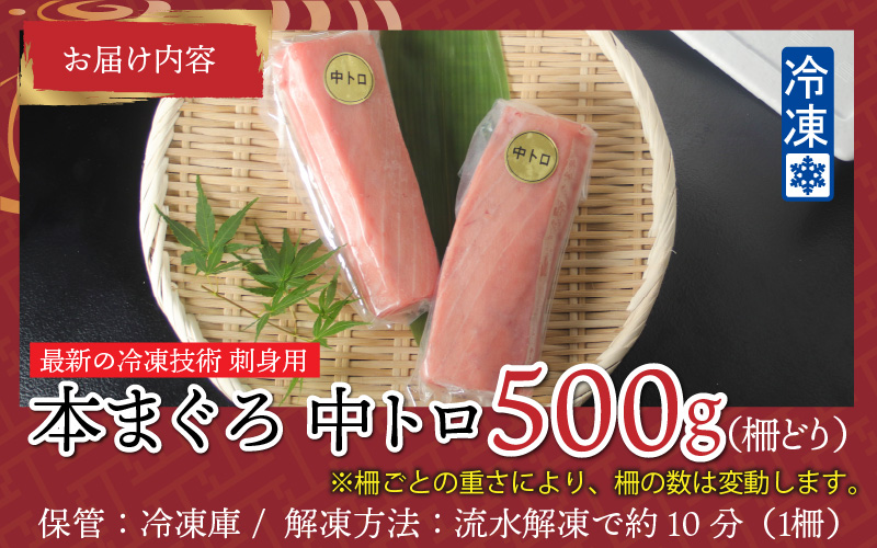 【刺身用】本マグロ 中トロ 500g（柵どり）【最新の冷凍技術】