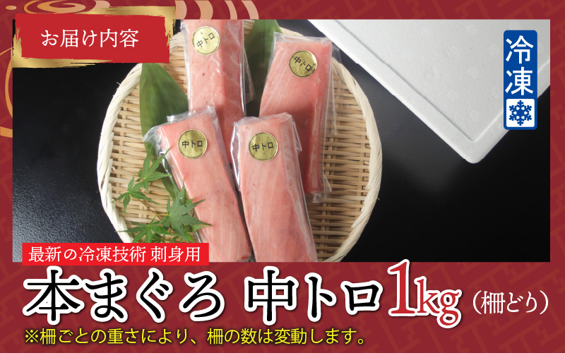 【刺身用】本マグロ 中トロ 1kg（柵どり）【最新の冷凍技術】