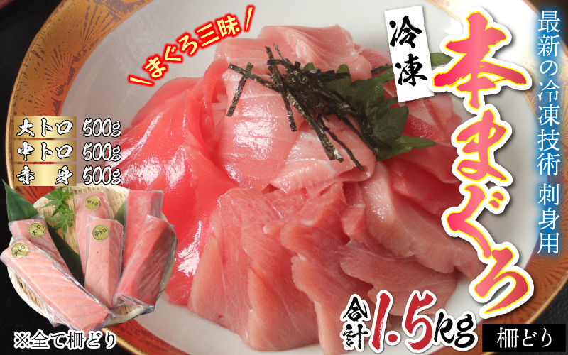 【刺身用】本マグロセット(大トロ 500g + 中トロ 500g + 赤身 500g)計1.5kg【最新の冷凍技術】