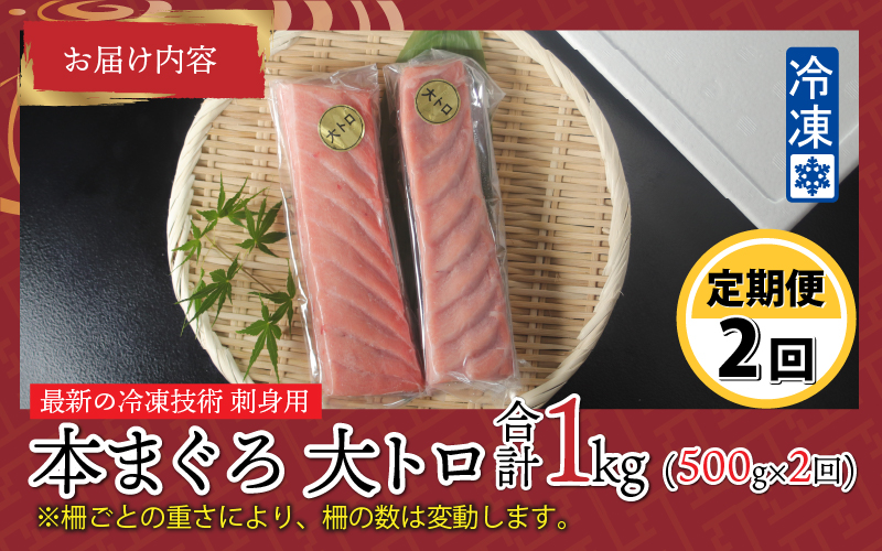 【定期便】【2ヶ月連続お届け】 刺身用！本マグロ 大トロ（柵どり） 500g × 2回【最新の冷凍技術】