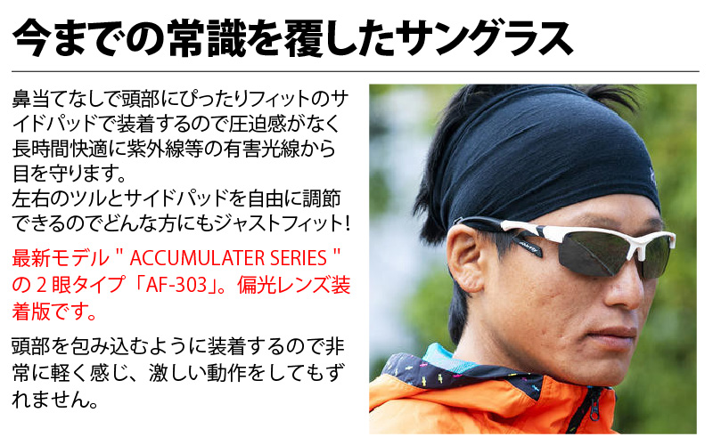 鼻パッドのないサングラス「エアフライ」＊男女兼用 AF-303モデル C-1Pブラック 偏光 レンズ 装着版