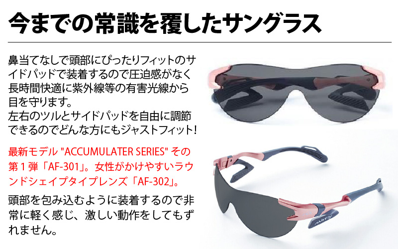 鼻パッドのないサングラス「エアフライ」＊男女兼用 AF-301モデル C-3Pブラック 偏光レンズ 装着版