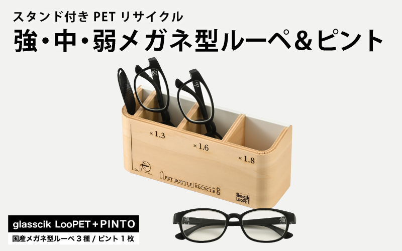 スタンド付きPETリサイクル強、中、弱メガネ型ルーペ＋ピント