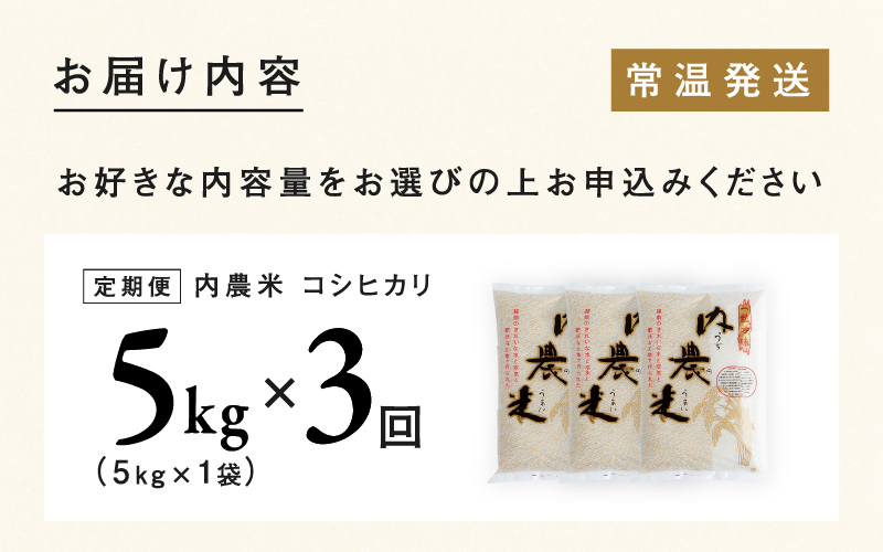 【令和7年産 新米！】【2025年10月上旬以降 順次発送予定】【3ヶ月連続お届け】令和7年産 内農米コシヒカリ定期便 5kg × 3回 計15kg