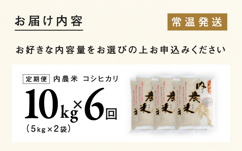 【令和7年産 新米！】【2025年10月上旬以降 順次発送予定】【6ヶ月連続お届け】令和7年産 内農米コシヒカリ定期便 10kg × 6回 計60kg