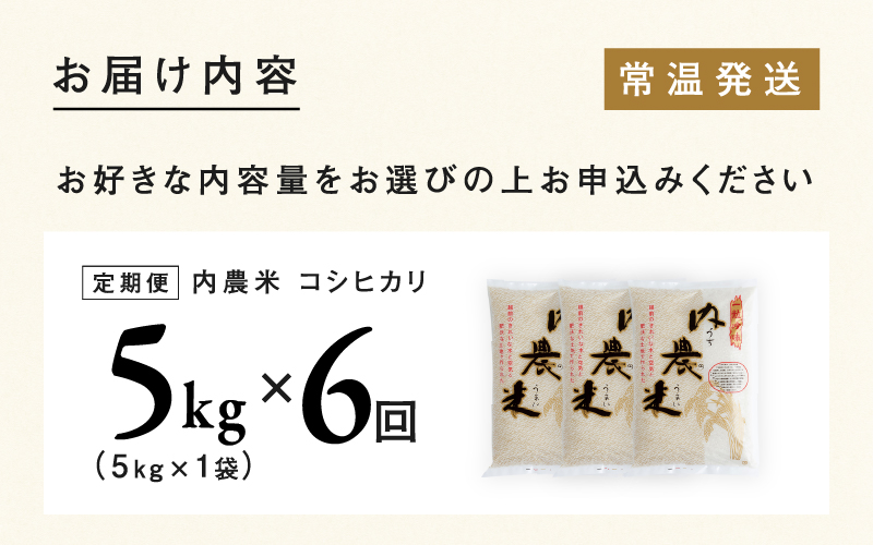 【令和7年産 新米！】【2025年10月上旬以降 順次発送予定】【６ヶ月連続お届け】令和7年産 内農米コシヒカリ定期便 5kg × 6回 計30kg