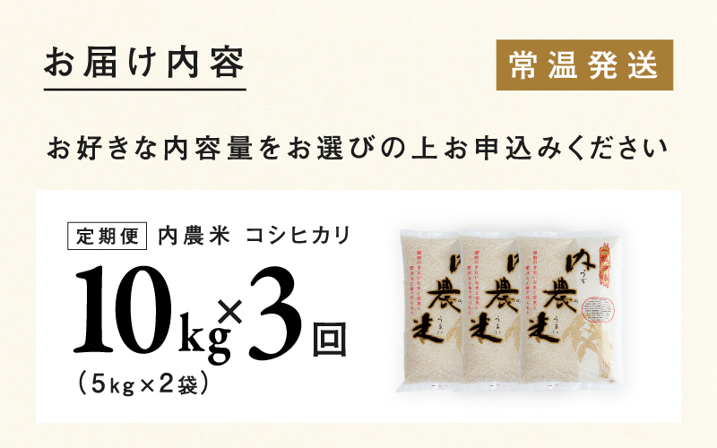 【令和7年産 新米！】【2025年10月上旬以降 順次発送予定】【3ヶ月連続お届け】令和7年産 内農米コシヒカリ定期便 10kg × 3回 計30kg