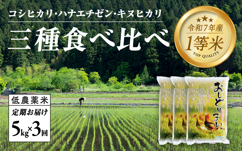 【令和7年産新米!】【2025年10月上旬以降 順次発送予定】【3ヶ月連続お届け】令和7年産 おしどり米 3種類食べ比べ定期便 5kg × 3回 計15kg