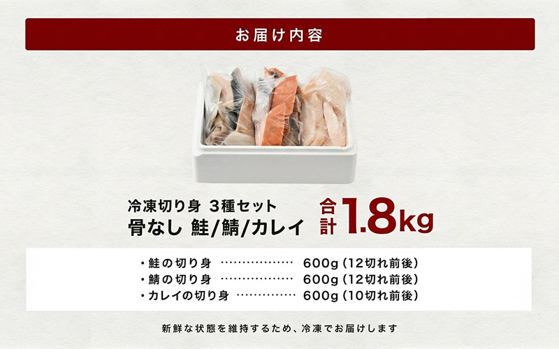 鮭・鯖・カレイ 骨なし冷凍切り身3種セット（各600g×3種）合計1.8kg